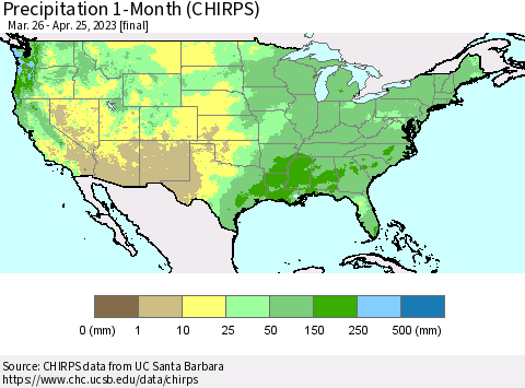 United States Precipitation 1-Month (CHIRPS) Thematic Map For 3/26/2023 - 4/25/2023