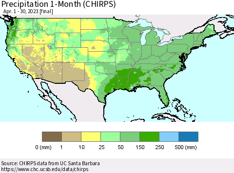 United States Precipitation 1-Month (CHIRPS) Thematic Map For 4/1/2023 - 4/30/2023