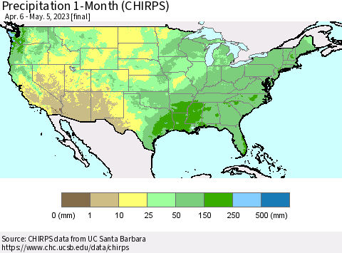 United States Precipitation 1-Month (CHIRPS) Thematic Map For 4/6/2023 - 5/5/2023