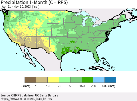 United States Precipitation 1-Month (CHIRPS) Thematic Map For 4/11/2023 - 5/10/2023