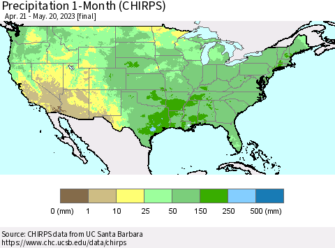 United States Precipitation 1-Month (CHIRPS) Thematic Map For 4/21/2023 - 5/20/2023