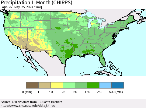United States Precipitation 1-Month (CHIRPS) Thematic Map For 4/26/2023 - 5/25/2023