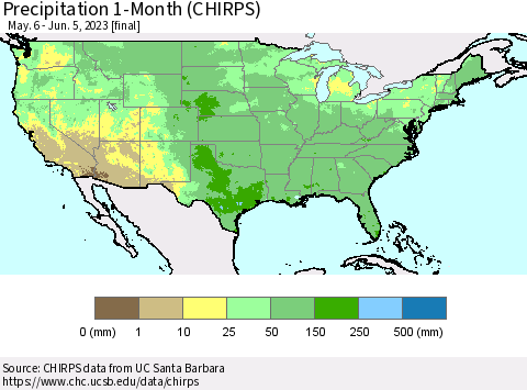 United States Precipitation 1-Month (CHIRPS) Thematic Map For 5/6/2023 - 6/5/2023