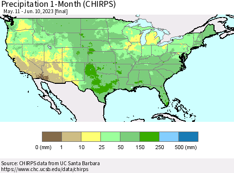United States Precipitation 1-Month (CHIRPS) Thematic Map For 5/11/2023 - 6/10/2023