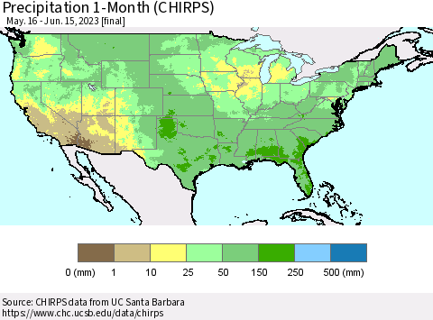 United States Precipitation 1-Month (CHIRPS) Thematic Map For 5/16/2023 - 6/15/2023
