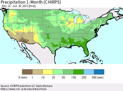 United States Precipitation 1-Month (CHIRPS) Thematic Map For 5/21/2023 - 6/20/2023