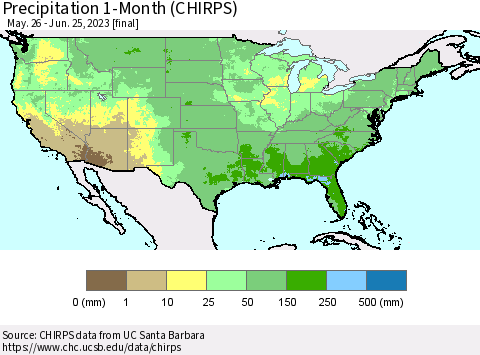 United States Precipitation 1-Month (CHIRPS) Thematic Map For 5/26/2023 - 6/25/2023