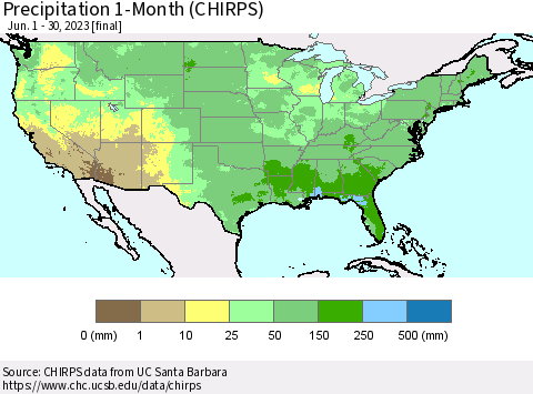 United States Precipitation 1-Month (CHIRPS) Thematic Map For 6/1/2023 - 6/30/2023