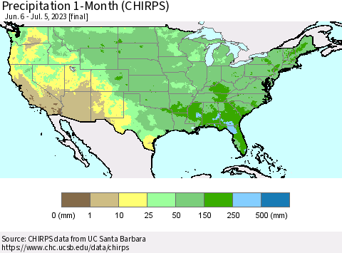 United States Precipitation 1-Month (CHIRPS) Thematic Map For 6/6/2023 - 7/5/2023
