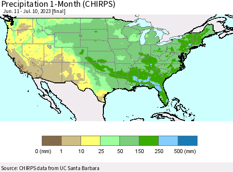 United States Precipitation 1-Month (CHIRPS) Thematic Map For 6/11/2023 - 7/10/2023
