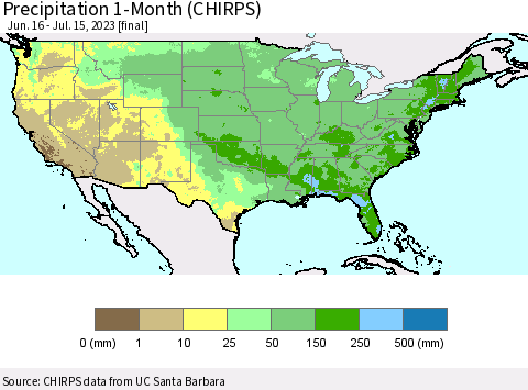 United States Precipitation 1-Month (CHIRPS) Thematic Map For 6/16/2023 - 7/15/2023