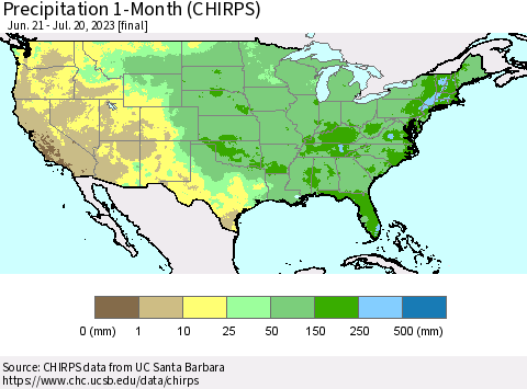 United States Precipitation 1-Month (CHIRPS) Thematic Map For 6/21/2023 - 7/20/2023