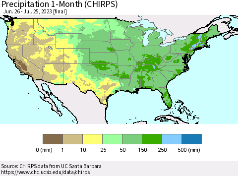 United States Precipitation 1-Month (CHIRPS) Thematic Map For 6/26/2023 - 7/25/2023