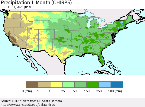 United States Precipitation 1-Month (CHIRPS) Thematic Map For 7/1/2023 - 7/31/2023