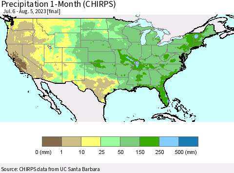 United States Precipitation 1-Month (CHIRPS) Thematic Map For 7/6/2023 - 8/5/2023