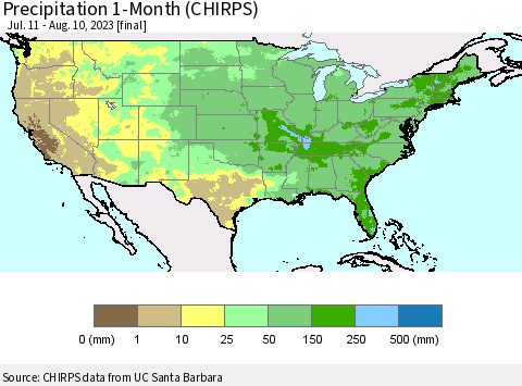 United States Precipitation 1-Month (CHIRPS) Thematic Map For 7/11/2023 - 8/10/2023