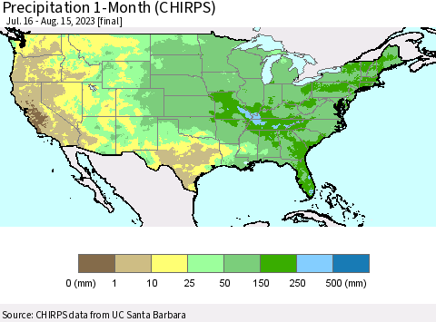 United States Precipitation 1-Month (CHIRPS) Thematic Map For 7/16/2023 - 8/15/2023