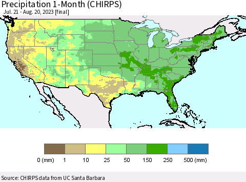 United States Precipitation 1-Month (CHIRPS) Thematic Map For 7/21/2023 - 8/20/2023