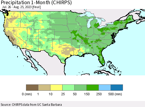 United States Precipitation 1-Month (CHIRPS) Thematic Map For 7/26/2023 - 8/25/2023