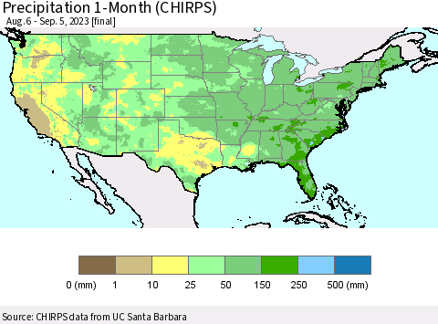 United States Precipitation 1-Month (CHIRPS) Thematic Map For 8/6/2023 - 9/5/2023