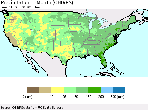United States Precipitation 1-Month (CHIRPS) Thematic Map For 8/11/2023 - 9/10/2023
