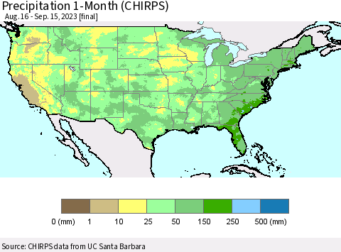 United States Precipitation 1-Month (CHIRPS) Thematic Map For 8/16/2023 - 9/15/2023