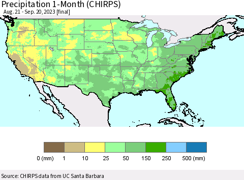 United States Precipitation 1-Month (CHIRPS) Thematic Map For 8/21/2023 - 9/20/2023