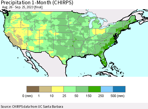 United States Precipitation 1-Month (CHIRPS) Thematic Map For 8/26/2023 - 9/25/2023