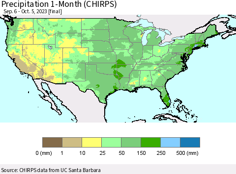 United States Precipitation 1-Month (CHIRPS) Thematic Map For 9/6/2023 - 10/5/2023