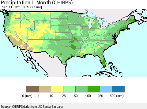 United States Precipitation 1-Month (CHIRPS) Thematic Map For 9/11/2023 - 10/10/2023
