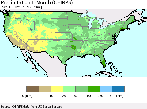 United States Precipitation 1-Month (CHIRPS) Thematic Map For 9/16/2023 - 10/15/2023