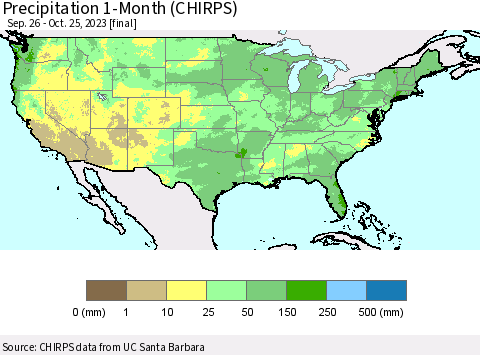 United States Precipitation 1-Month (CHIRPS) Thematic Map For 9/26/2023 - 10/25/2023