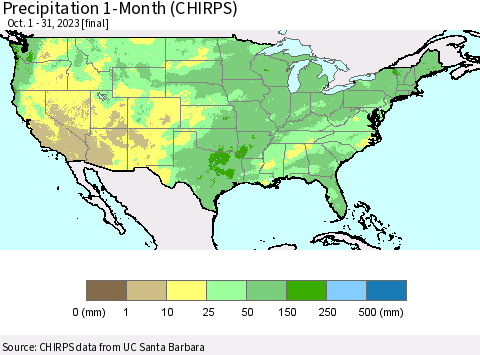 United States Precipitation 1-Month (CHIRPS) Thematic Map For 10/1/2023 - 10/31/2023