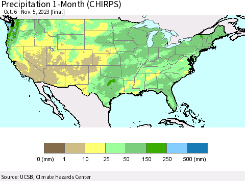 United States Precipitation 1-Month (CHIRPS) Thematic Map For 10/6/2023 - 11/5/2023