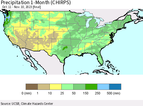 United States Precipitation 1-Month (CHIRPS) Thematic Map For 10/11/2023 - 11/10/2023