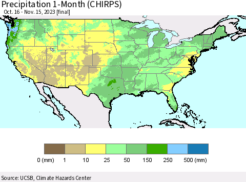 United States Precipitation 1-Month (CHIRPS) Thematic Map For 10/16/2023 - 11/15/2023