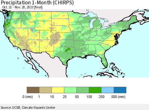 United States Precipitation 1-Month (CHIRPS) Thematic Map For 10/21/2023 - 11/20/2023