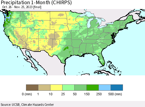 United States Precipitation 1-Month (CHIRPS) Thematic Map For 10/26/2023 - 11/25/2023