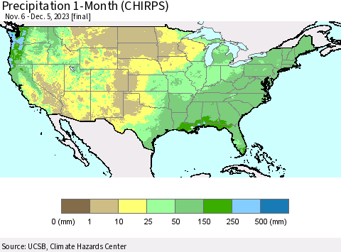United States Precipitation 1-Month (CHIRPS) Thematic Map For 11/6/2023 - 12/5/2023