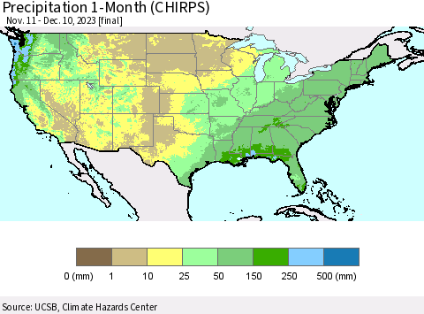 United States Precipitation 1-Month (CHIRPS) Thematic Map For 11/11/2023 - 12/10/2023