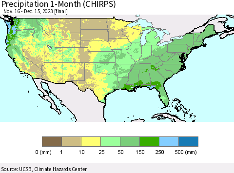United States Precipitation 1-Month (CHIRPS) Thematic Map For 11/16/2023 - 12/15/2023