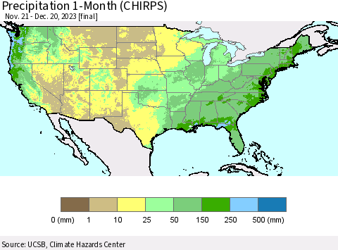 United States Precipitation 1-Month (CHIRPS) Thematic Map For 11/21/2023 - 12/20/2023