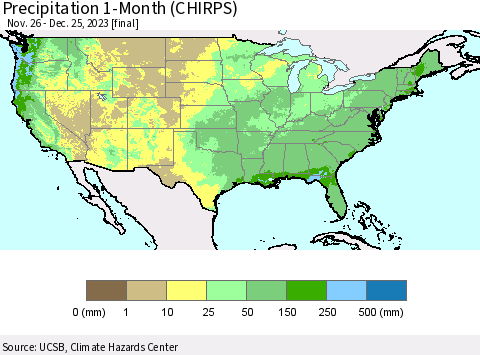 United States Precipitation 1-Month (CHIRPS) Thematic Map For 11/26/2023 - 12/25/2023