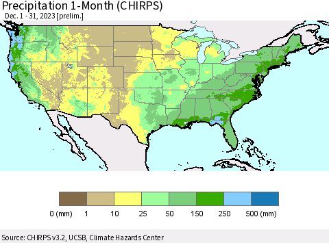 United States Precipitation 1-Month (CHIRPS) Thematic Map For 12/1/2023 - 12/31/2023