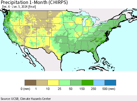 United States Precipitation 1-Month (CHIRPS) Thematic Map For 12/6/2023 - 1/5/2024