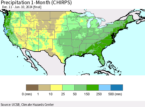 United States Precipitation 1-Month (CHIRPS) Thematic Map For 12/11/2023 - 1/10/2024