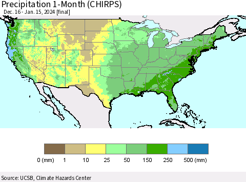 United States Precipitation 1-Month (CHIRPS) Thematic Map For 12/16/2023 - 1/15/2024