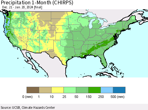 United States Precipitation 1-Month (CHIRPS) Thematic Map For 12/21/2023 - 1/20/2024