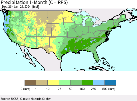 United States Precipitation 1-Month (CHIRPS) Thematic Map For 12/26/2023 - 1/25/2024