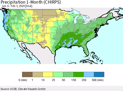 United States Precipitation 1-Month (CHIRPS) Thematic Map For 1/6/2024 - 2/5/2024